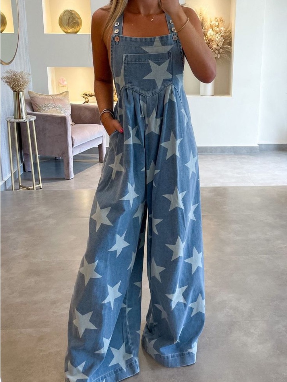 Wide-Leg Star Print Denim Overalls - Blue